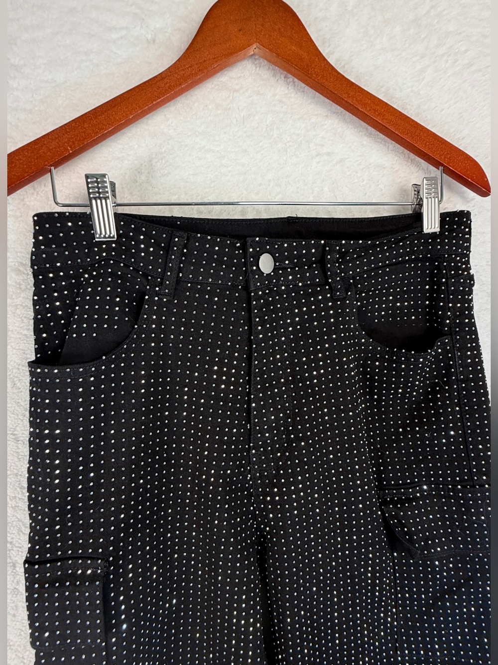 Rhinestone Cargo Pants Black Sparkly Wide Leg Y2K Glam Stretch Size 12 - Picture 8 of 11